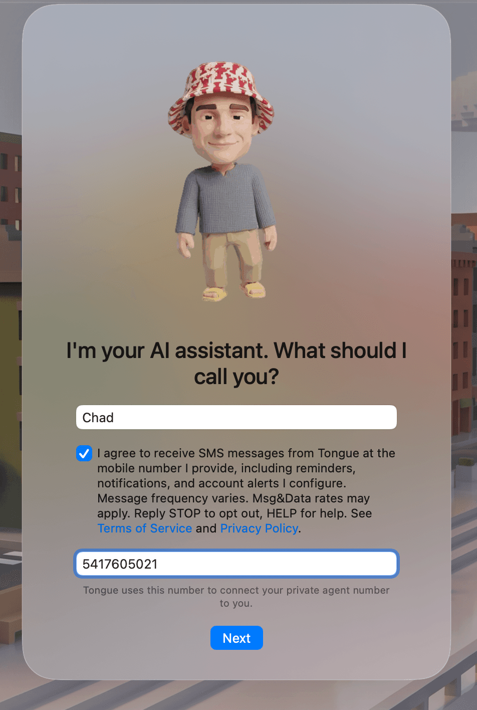 Tongue onboarding screen after consent: SMS consent checkbox checked, mobile number field visible