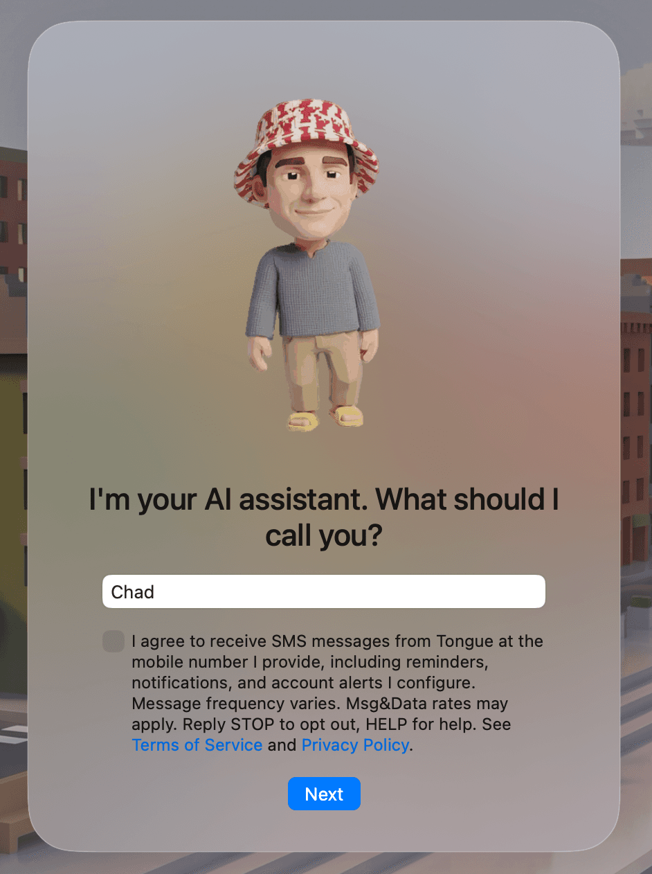 Tongue onboarding screen in default state: SMS consent checkbox unchecked, mobile number field not shown